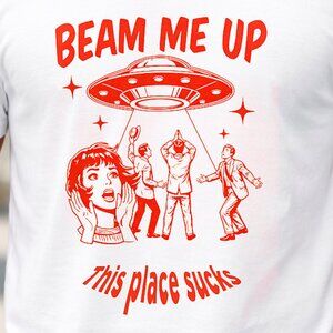 Beam Me Up UFO Graphic T-Shirt Alien Sci-Fi Humor Tee size L